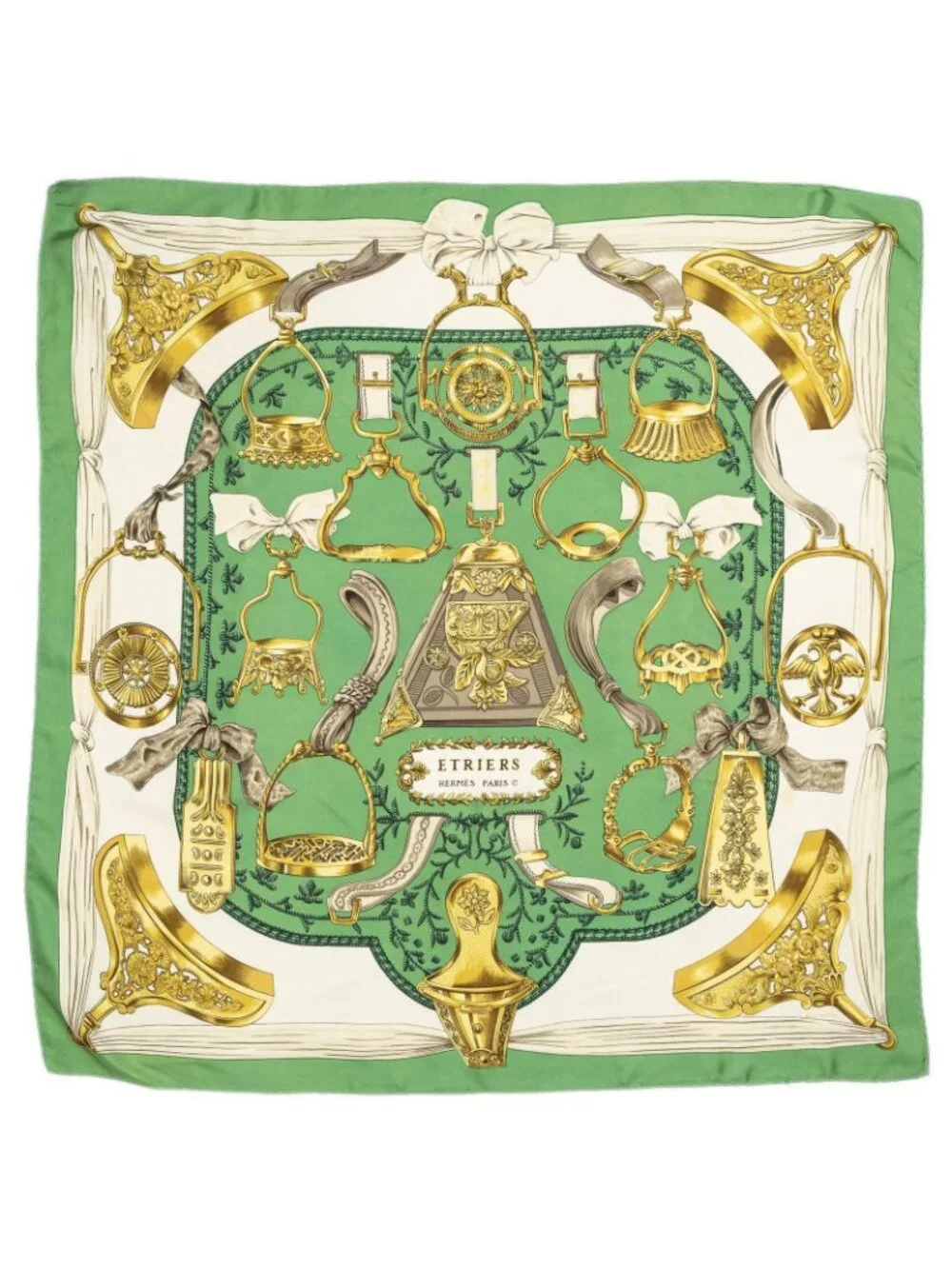 Hermes Scarf Green Gold White Twill Silk
